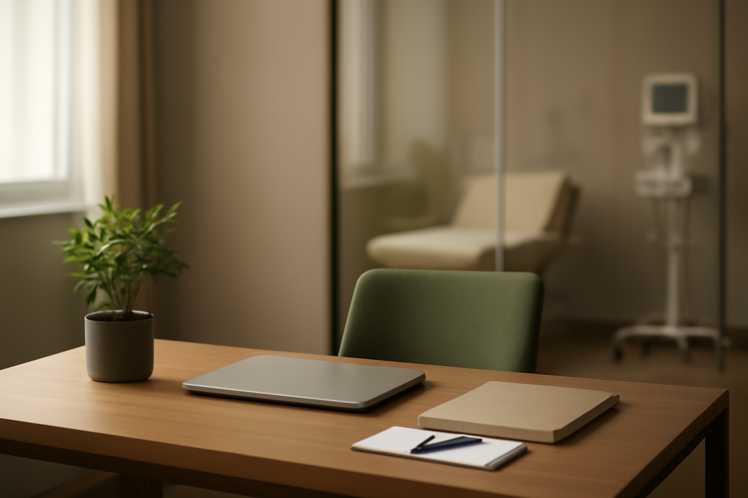 Escritório de gestão de clínica multidisciplinar moderna com iluminação natural e ambiente corporativo elegante.